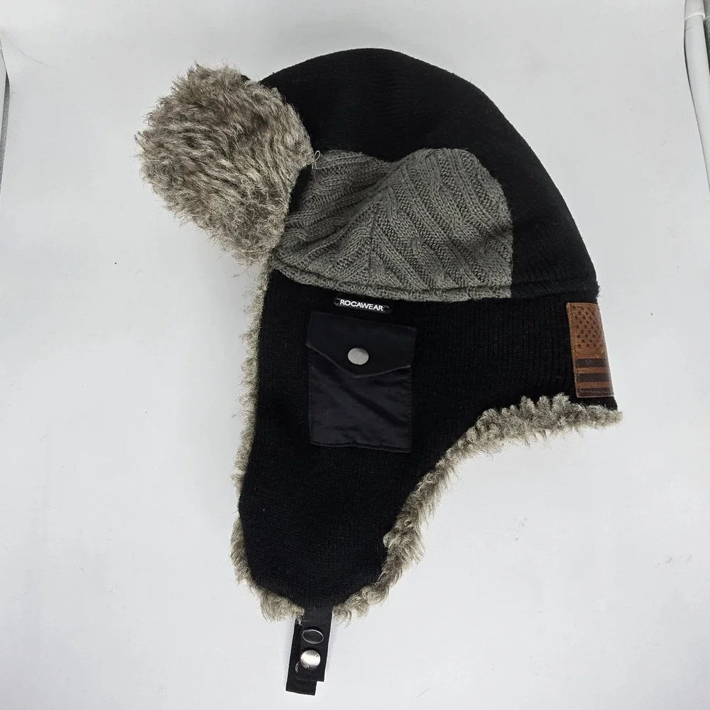 Vtg Rocawear Trapper Hat Faux Fur Ushanka Y2K‎ Cyber Goth Streetwear Black Gray